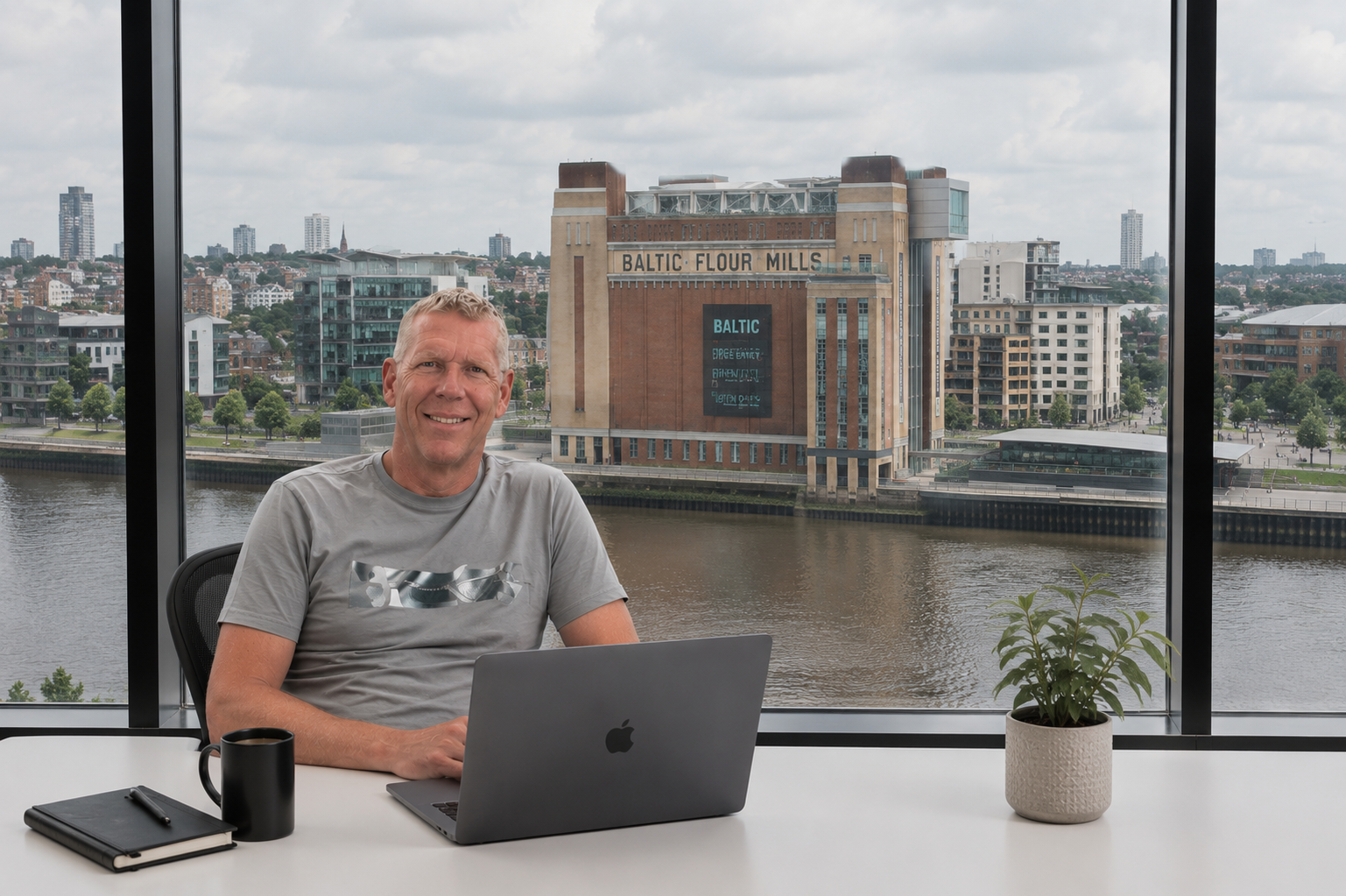 Rich Allen, founder of Move37, at his desk in Newcastle with the Baltic Flour Mills visible behind.